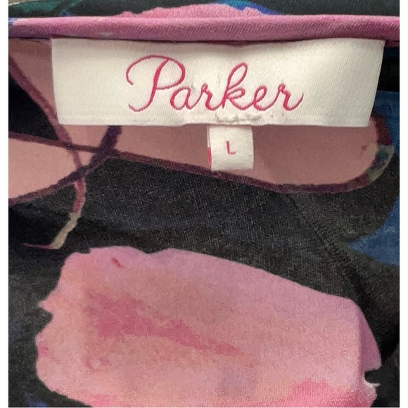 Parker Silk Blend Blouse L Abstract Floral Print Boho Top Button Front large - Picture 3 of 4